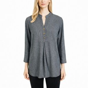 Hot Cotton Gray Herringbone Woven Tunic Top V-Neck Classic Lagenlook size L